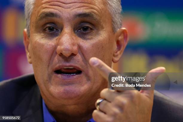 Brazilian national team coach Tite speaks during the announcement of the team's squad for 2018 FIFA World Cup Russia on May 14, 2018 at the...
