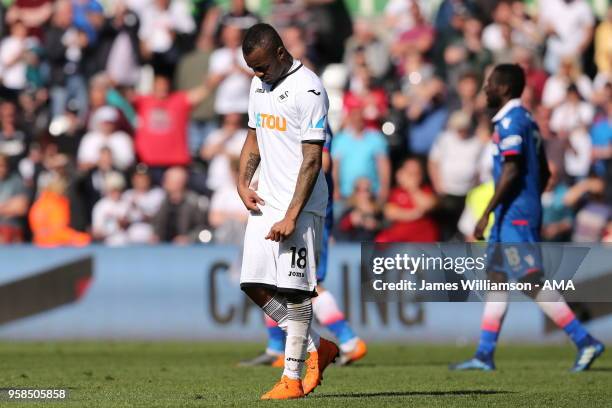 Dejected Jordan Ayew of Swansea City during the Premier League match between Swansea City and Stoke City at Liberty Stadium on May 13, 2018 in...