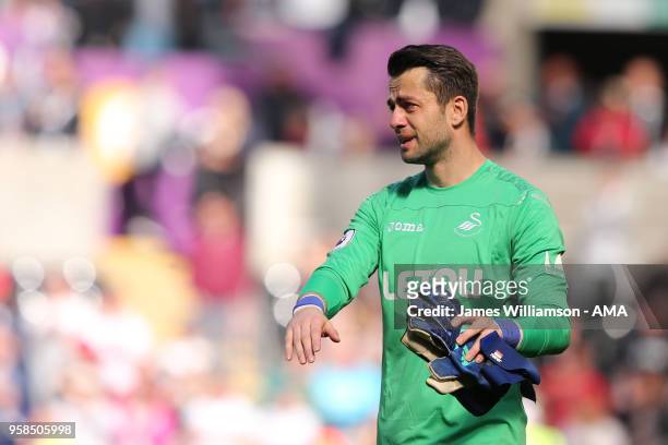 Lukasz Fabianski of Swansea City during the Premier League match between Swansea City and Stoke City at Liberty Stadium on May 13, 2018 in Swansea,...