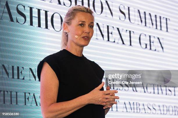American actress Connie Nielsen speaks at the Copenhagen Fashion Summit 2018 press conference on May 14 in Copenhagen, Denmark. Connie Nielsen is...