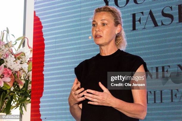 American actress Connie Nielsen speaks at the Copenhagen Fashion Summit 2018 press conference on May 14 in Copenhagen, Denmark. Connie Nielsen is...