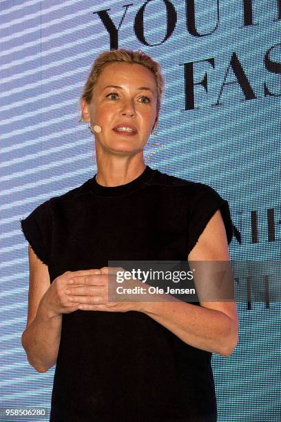 American actress Connie Nielsen speaks at the Copenhagen Fashion Summit 2018 press conference on May 14 in Copenhagen, Denmark. Connie Nielsen is...