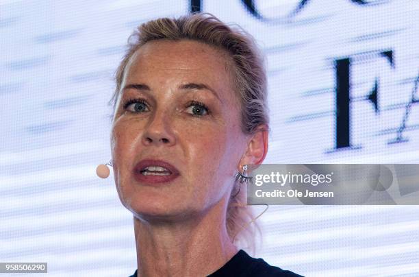 American actress Connie Nielsen speaks at the Copenhagen Fashion Summit 2018 press conference on May 14 in Copenhagen, Denmark. Connie Nielsen is...