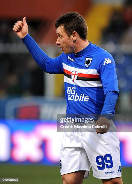 Antonio Cassano of UC Sampdoria gives the thumbs up sign during the Serie A match between UC Sampdoria and Catania Calcio at Stadio Luigi Ferraris on...