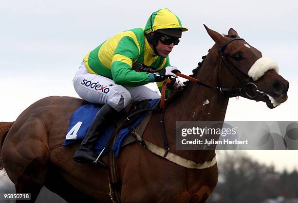 Mark Bradburne and Evella clear pull away from the last flight on the way to victory in The E.B.F. Mares' 'National Hunt' Novices' Hurdle Race run at...