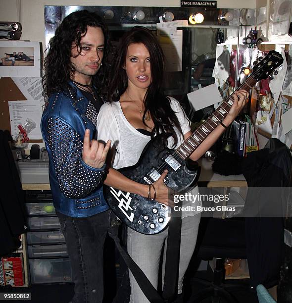 Constantine Maroulis and Audrina Patridge pose backstage at the hit rock musical "Rock of Ages" on Broadway at The Brooks Atkinson Theater on January...