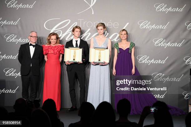 Thierry Fremaux, Caroline Scheufele, Joe Alwyn,Elizabeth Debicki and Diane Kruger attend the Chopard Trophy during the 71st annual Cannes Film...