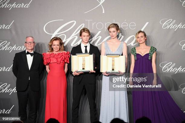 Thierry Fremaux, Caroline Scheufele, Joe Alwyn,Elizabeth Debicki and Diane Kruger attend the Chopard Trophy during the 71st annual Cannes Film...