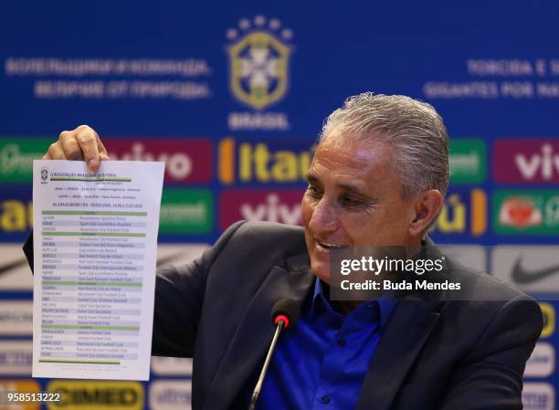 Brazilian national team coach Tite speaks during the announcement of the team's squad for 2018 FIFA World Cup Russia on May 14, 2018 at the...