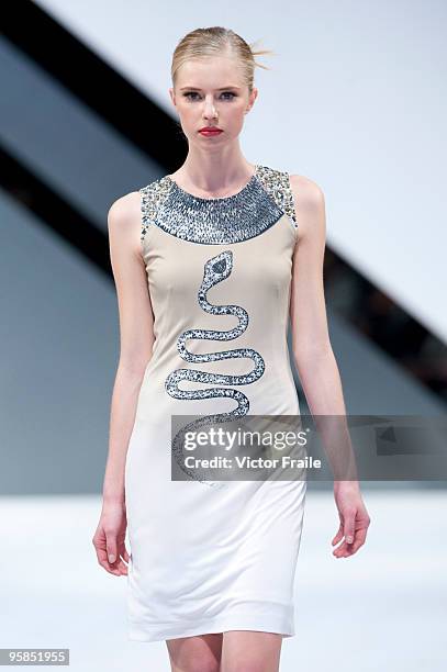 Model showcases designs by William Tang on the catwalk during the Marccain show as part of the Hong Kong Fashion Week Fall/Winter 2010 on January 18,...