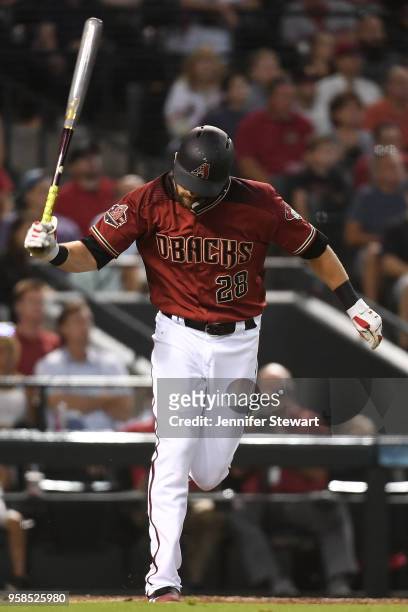 Steven Souza Jr. #28 of the Arizona Diamondbacks reacts after flying out in the fourth inning of the MLB game against the Houston Astros at Chase...