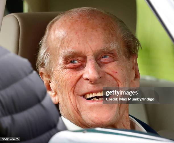 Prince Philip, Duke of Edinburgh seen sitting in his Land Rover on day 5 of the Royal Windsor Horse Show in Home Park on May 13, 2018 in Windsor,...