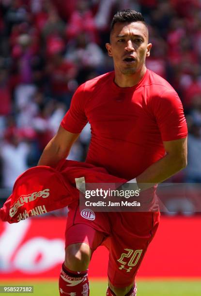 Fernando Uribe of Toluca celebrates after scoring the first goal of his team during the semifinals second leg match between Toluca and Tijuana as...