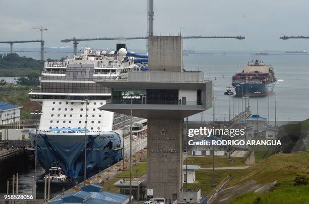 View of a cruise ship crossing the Panama Canal in the Agua Clara locks in Colon 80 km northwest from Panama City. - The Norwegian Cruise Line's...