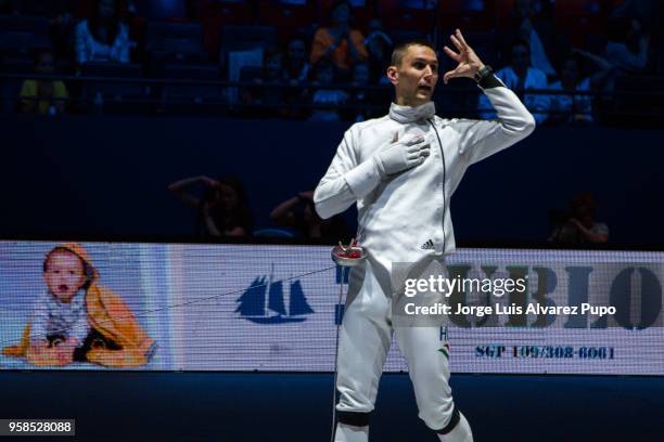 Daniel Berta of Hungary reacts after the victory against Kyoungdoo Park of Korea during the final of the Men's Epee World Cup, Sncf Reseau Challenge,...