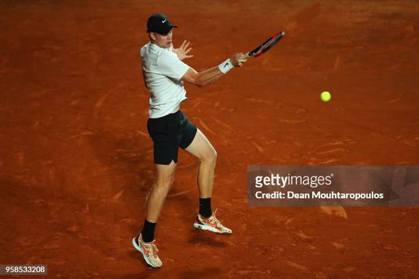 Kyle Edmund of Great Britain returns a forehand in his match against Malek Jaziri of Tunisia during day two of the Internazionali BNL d'Italia 2018...