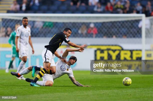 Nabil Bahoui of AIK and Douglas Bergqvist of Ostersunds FK competes for the ball during the Allsvenskan match between AIK and Ostersunds FK at...