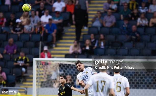 Sotirios Papagianopoulos of Ostersunds FK shoots a header during the Allsvenskan match between AIK and Ostersunds FK at Friends Arena on May 14, 2018...