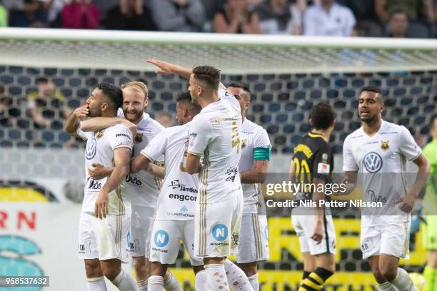 Saman Ghoddos of Ostersunds FK celebrates after scoring to 1-1 during the Allsvenskan match between AIK and Ostersunds FK at Friends Arena on May 14,...