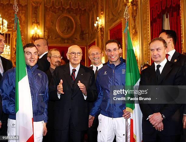 Paralympic flag bearer Giammaria Dal Maistro, President Giorgio Napolitano, Giorgio Di Centa flag bearer for the Italian Olympic team for Vancouver...