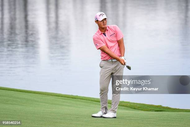 Danny Lee of New Zealand chips a shot to the 18th hole green during the final round of THE PLAYERS Championship on THE PLAYERS Stadium Course at TPC...