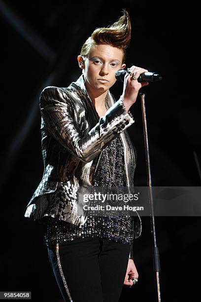 La Roux performs at the Brit Awards 2010 launch held the at The Indigo 02 on January 18, 2010 in London, England.