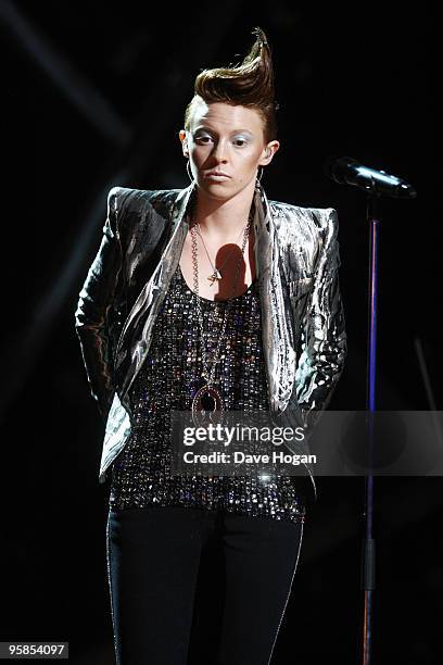 La Roux performs at the Brit Awards 2010 launch held the at The Indigo 02 on January 18, 2010 in London, England.