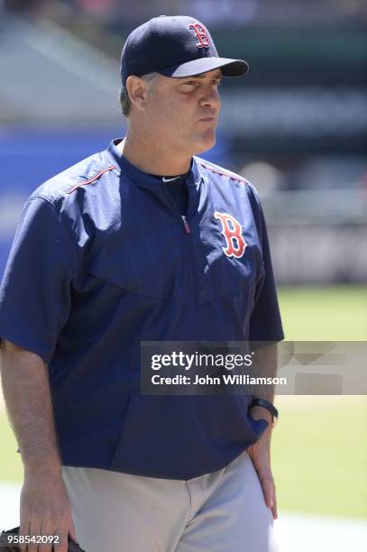 Manager John Farrell of the Boston Red Sox as seen during batting practice prior to the game against the Texas Rangers at Globe Life Park in...