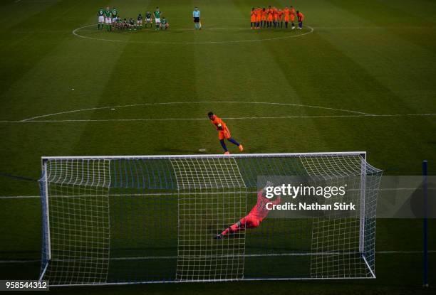 James Corcoran of Ireland saves Daishawn Redan of Netherlands penalty, is then sent off for a second yellow card after coming of his line during the...