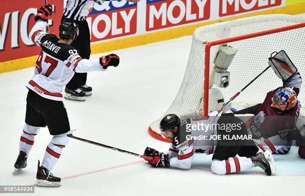 Canada's Connor McDavid celebrates scoring the winning goal during the group B match Canada vs Latvia of the 2018 IIHF Ice Hockey World Championship...