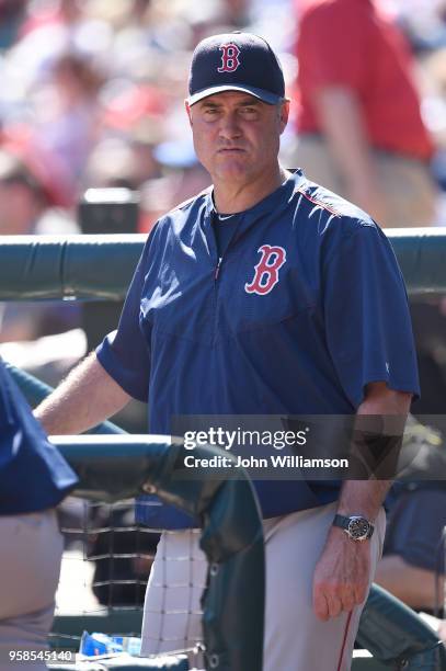 Manager John Farrell of the Boston Red Sox as seen in the dugout during the game against the Texas Rangers at Globe Life Park in Arlington on Sunday,...