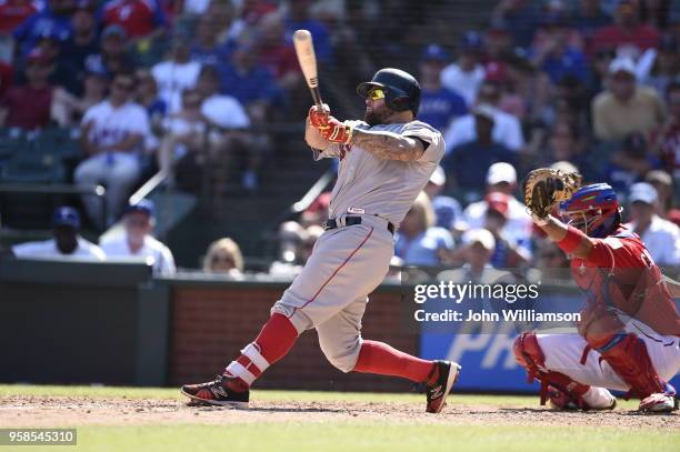 Mike Napoli of the Boston Red Sox bats against the Texas Rangers at Globe Life Park in Arlington on Sunday, May 31, 2015 in Arlington, Texas. The...