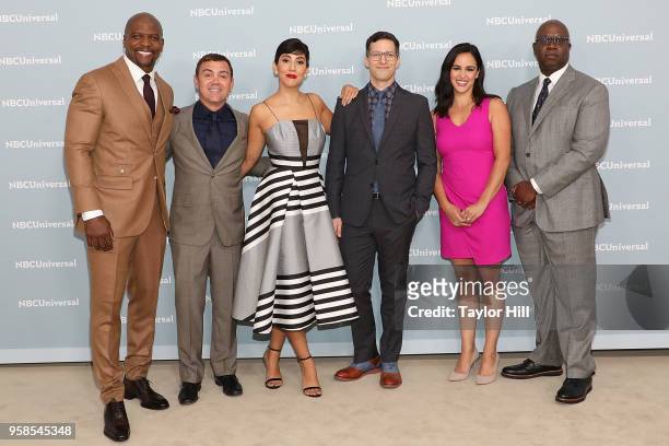 Terry Crews, Joe Lo Truglio, Stephanie Beatriz, Andy Samberg, Melissa Fumero, and Andre Braugher attend the 2018 NBCUniversal Upfront Presentation at...