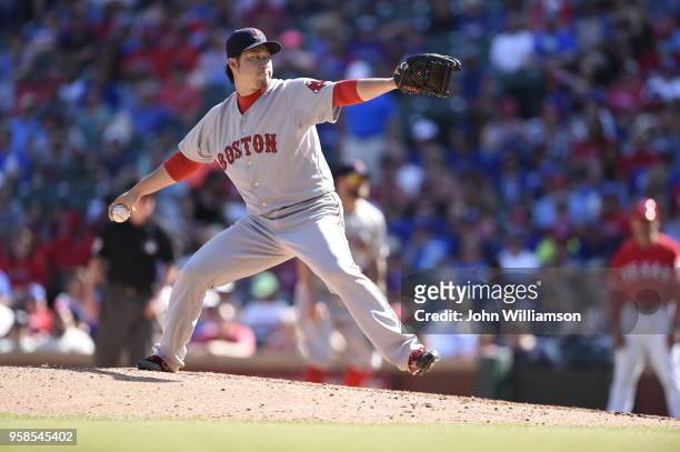 Junichi Tazawa of the Boston Red Sox pitches against the Texas Rangers at Globe Life Park in Arlington on Sunday, May 31, 2015 in Arlington, Texas....