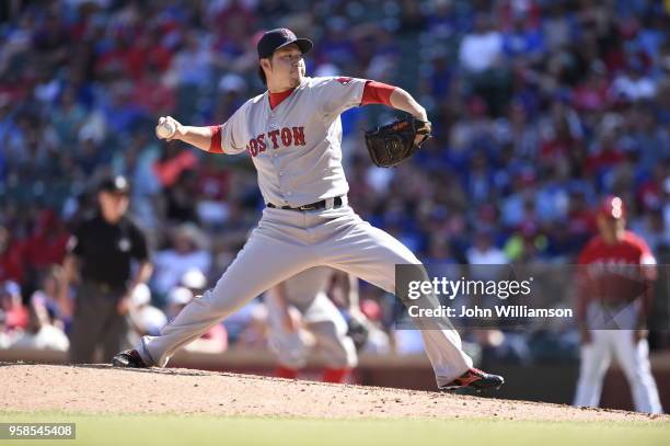 Junichi Tazawa of the Boston Red Sox pitches against the Texas Rangers at Globe Life Park in Arlington on Sunday, May 31, 2015 in Arlington, Texas....