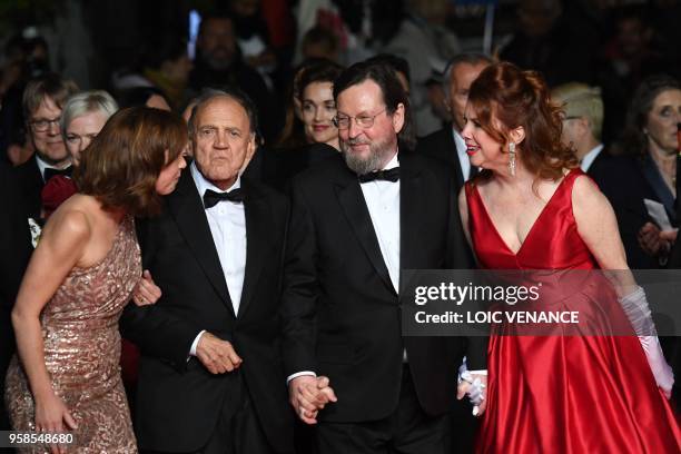 Danish actress Sofie Grabol, Swiss actor Bruno Ganz, Danish director Lars Von Trier and US actress Siobhan Fallon Hogan pose as they arrive on May...