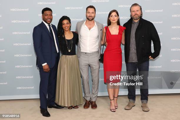 Jocko Sims, Freema Agyeman, Ryan Eggold, Janet Montgomery, and Tyler Labine attend the 2018 NBCUniversal Upfront Presentation at Rockefeller Center...