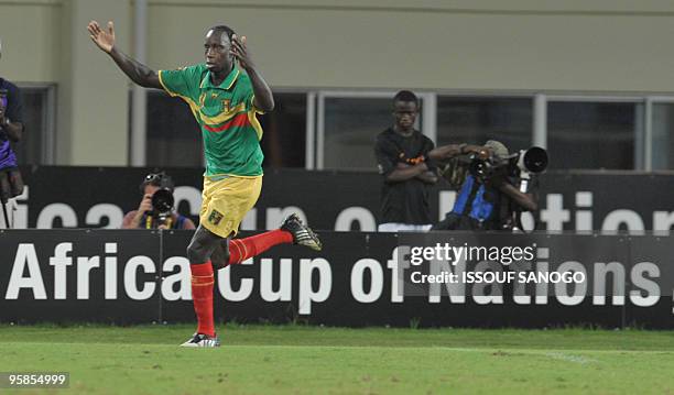 Aigles du Mali, National football team of Mali player Mamadou Bagayoko celebrates a goal against Malawi on January 18, 2010 at the Chiazi stadium in...