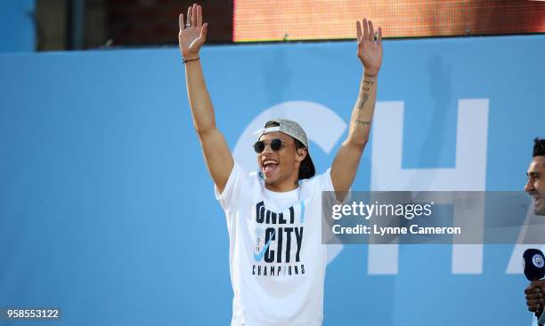 Leroy Sane of Manchester City during the Manchester City Trophy Parade in Manchester city centre on May 14, 2018 in Manchester, England.