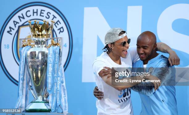 Leroy Sane and Fabian Delph of Manchester City during the Manchester City Trophy Parade in Manchester city centre on May 14, 2018 in Manchester,...