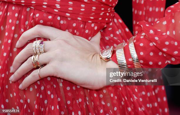 Gala Gonzales, fashion detail, attends the screening of "Ash Is The Purest White " during the 71st annual Cannes Film Festival at Palais des...