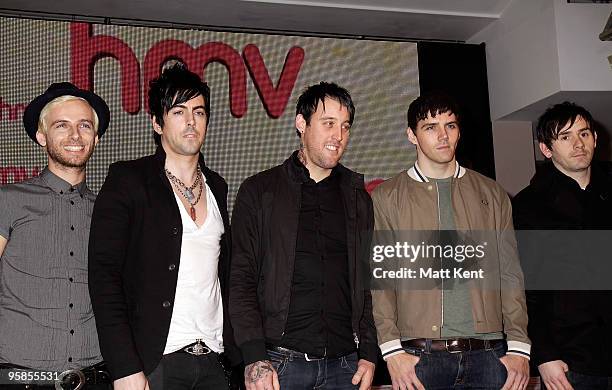 Lee Gaze, Ian Watkins, Luke Johnson, Stuart Richardson and Mike Lewis of Lostprophets attend an album signing session for their new album 'The...