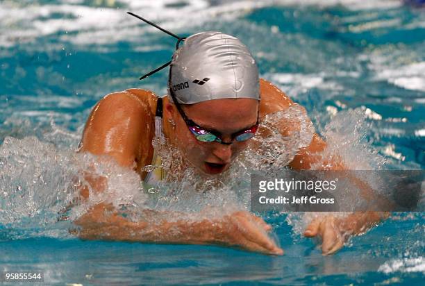 Rebecca Soni swims in the Women's 100 Breaststroke Prelim during the Long Beach Grand Prix on January 18, 2010 in Long Beach, California.