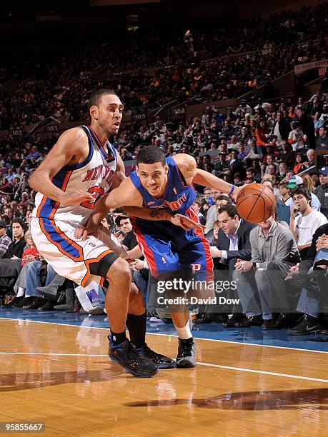 Austin Daye of the Detroit Pistons drives against Jared Jeffries of the New York Knicks during the game on January 18, 2010 at Madison Square Garden...