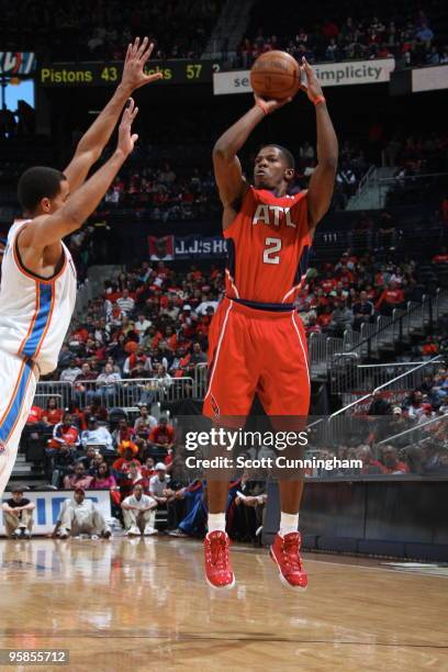 Joe Johnson of the Atlanta Hawks puts up a shot against the Oklahoma City Thunder on January 18, 2010 at Philips Arena in Atlanta, Georgia. NOTE TO...