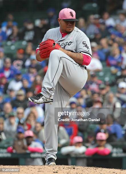 Bruce Rondon of the Chicago White Sox pitches in the 9th inning for a save against the Chicago Cubs at Wrigley Field on May 13, 2018 in Chicago,...