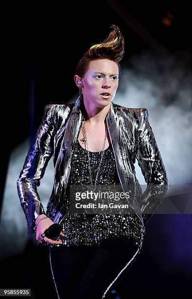 La Roux performs live at the Brit Awards 2010 Nominations Party at the 02 Arena on January 18, 2010 in London, England.