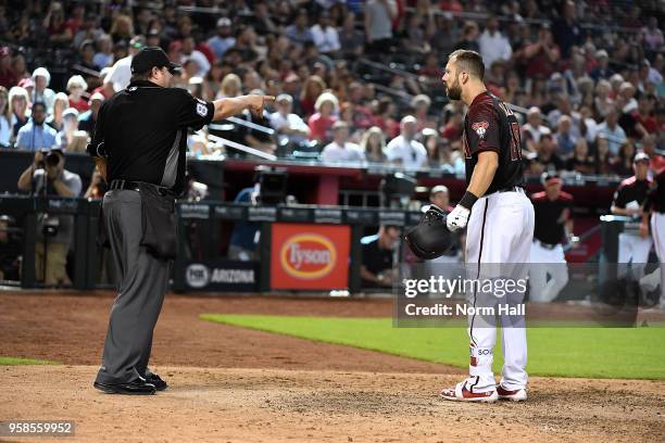 Steven Souza Jr of the Arizona Diamondbacks argues with home plate umpire Doug Eddings after being ejected during the eighth inning against the...