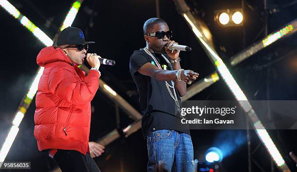 Dappy and Tinchy Stryder perform at the Brit Awards 2010 Shortlist Announcement at the 02 Arena on January 18, 2010 in London, England.