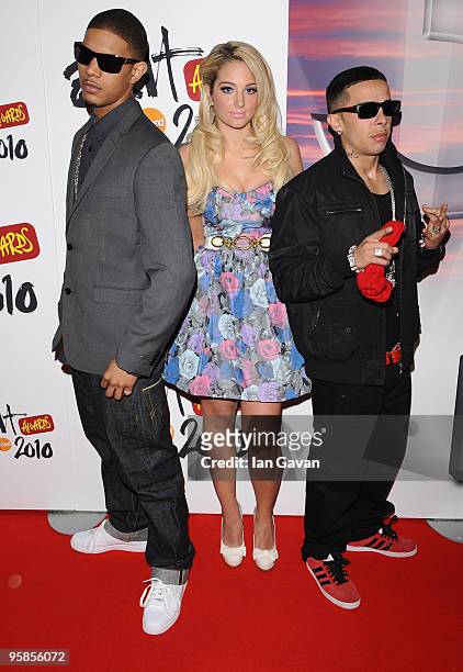 Dino 'Dappy' Contostavlos, Tulisa Contostavlos and Richard Rawson of 'N-Dubz" attend the Brit Awards 2010 Shortlist Announcement at the 02 Arena on...